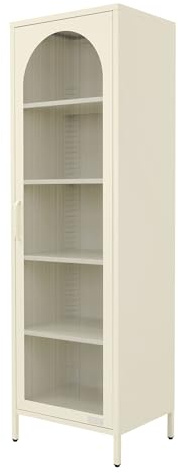 ML-Design Vitrina de Salón Crema 45x145x35 cm, Armario de Acero con 5 Estantes de Almacenamiento y 1 Puerta, Mueble de Metal, Estilo Industrial, Estantería Estecha Archivador de Oficina