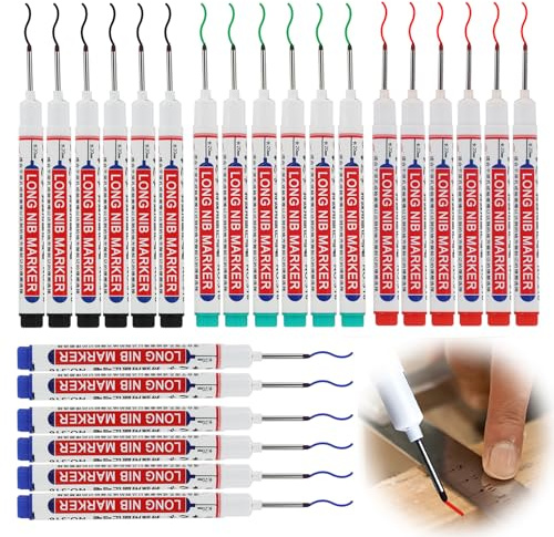 Marqueurs Trou Profond, Stylo Marqueur Charpentier Indélébile à Pointe Fine de 20 mm, Marqueurs Colorés en Rouge, Bleu, Vert et Noir, Idéal pour Marquages dans les Zones Difficiles d’Accè (24)