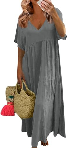 MOKBAY Vestidos Verano Mujer 2026 Cuello V Manga Corta Casual Playa Frescos Summer Dresses for Women Playeros Women Boho Chic Beach Elegante Dress
