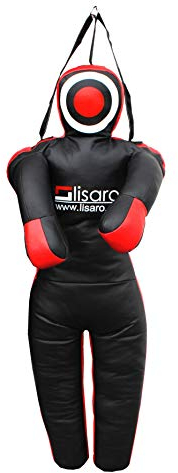 Lisaro Straps Trainings-Dummy Gr. S -130cm vorgefüllt | Box-Dummies | mit Schlaufen (Straps) | schwarz-rot | GEFÜLLT | hängend | Grappling, Boxen, Kampfsport, Jiu-Jitsu, Wrestling, MMA