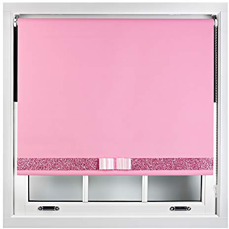 FURNISHED Blackout Roller Blinds Decorative Glitter Fabric & Bow - Trimmable - Pink 60W x 165H cm