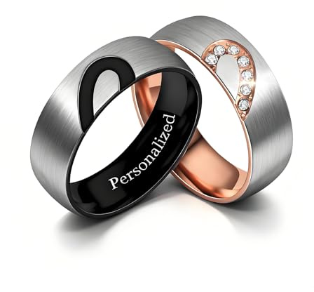 Ihanskio Personalizzato Anello Per Le Coppie Onda Della Banda Modello Anelli All'Interno Può Inciso Di Nozze Promessa Anelli Di Fidanzamento (Nero Oro rosa, Custom)
