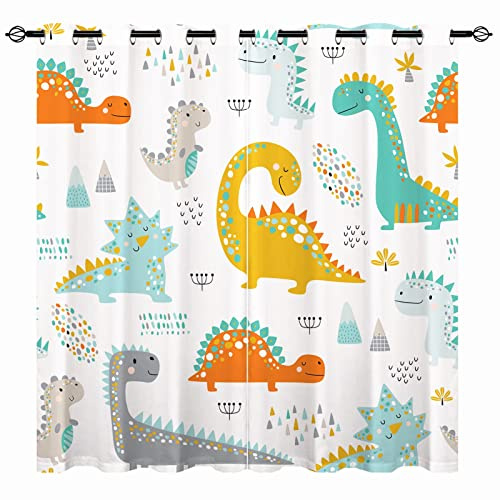 YUANZU Kids Dinosaur Curtains - Boys Girls Eyelet Blackout Colorful Cute Dino Animals Print Pattern Thermal Insulated Room Darkening Window Drapes for Nursery Baby Bedroom 2 Panels W117cm x D137cm