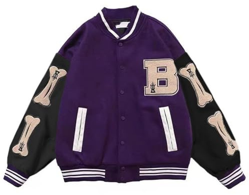 Varsity Collegejacka för män, Baseballjackor, Hip Hop-jackor, Furry Bone Color Block Streetwear Patchwork-mönster, Baseballjackor för män, Aviator Bomberjacka (Color : Purple, Size : L)