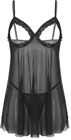 JEATHA Lingerie Femme Robe De Nuit Transparente Chemise De Nuit Robe Et String Nuisette Nightwear Noir XL
