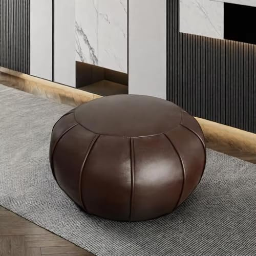 Louis Donné Hochwertiger Kunstleder-Pouf, handgefertigt, ungefüllt, Polsterhocker, Fußhocker, runder Sitzhocker, Bodenkissen, nur Bezug (dunkelbraun)