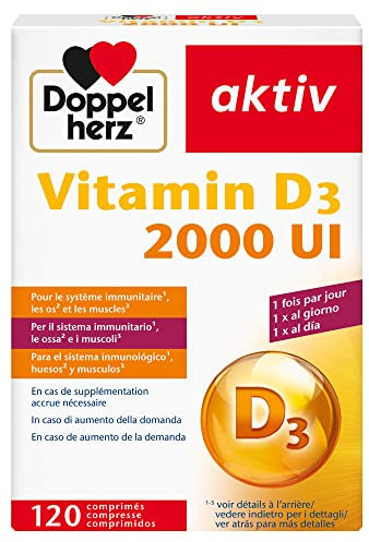 Doppelherz aktiv Vitamin D3 2000 UI, Soutien immunitaire, os & muscles, 50 μg/comprimé, 120 comprimés essentiels pour une santé optimale