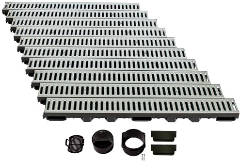 ScarMaxx - Set di grondaie di drenaggio A15 - Grondaia - Scarico dell'Acqua piovana - Scarico con griglia - Canale di drenaggio - Piatto - Plastica - Altezza 60 mm - Acciaio zincato - 10 m