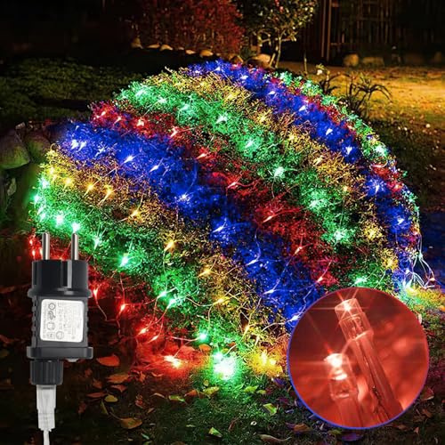 Ansobea LED-ljusnät utomhus färgglad, 2 x 2 m, 198 lysdioder, vattentät IP44, 8 lägen, ljusslinga nät för juldekoration, trädgård och fester