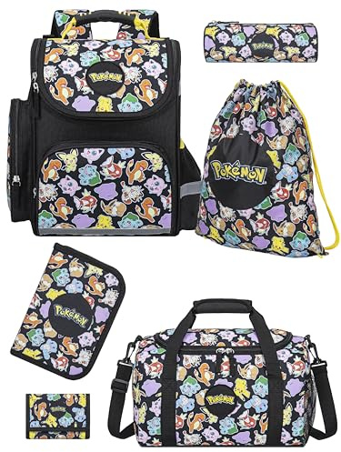 Familando Pokémon Schulranzen 1. Klasse · ergonomischer Tornister für Jungen und Mädchen · Pokemon Schultasche mit Pikachu Motiv im Set (6-teilig mit Federmappe)