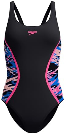 Speedo Women's Hyperboom Splice Muscleback One Piece Swimsuit, Black/Pink, 32