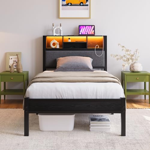 MUZERUL 3ft Single Bed Frame with Storage Shelf Upholstered Headboard, Heavy Duty Platform Bed Frame, Metal Bed with Charging Station and LED Lights, No Box Spring Needed, Noise Free, Black+Grey