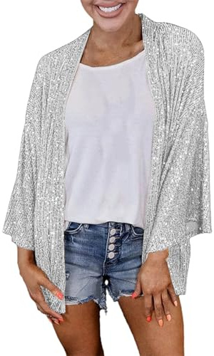 Generisch Gilet long pour femme - Haut à paillettes ample - Jambe large - Couleur unie - Ouvert sur le devant