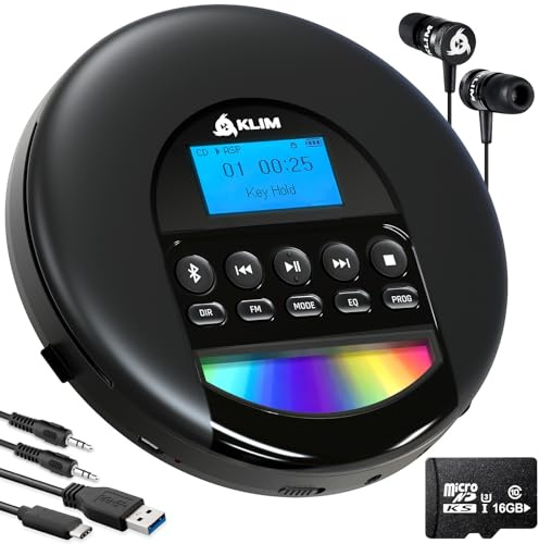KLIM Nomad - Reproductor CD portatil con batería Interna de Larga duración - Nuevo - Auriculares KLIM Fusion - 16GB TF Card - CD Player Mini Compacto - Radio FM Compatible con CDR, CDRW MP3 - Negro
