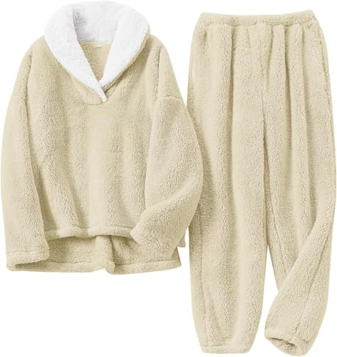 Famulily Fleece Pajamas for Women Ultra Soft Shawl Neck Tops & Fluffy Cozy Pants Ladies Lounge Set with Pockets Beige M