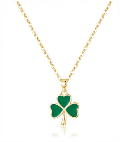 Reffeer Solid 925 Sterling Silver Green Clover Pendant Necklace for Women Teen Girls Shamrock Necklace Chain Green St Patricks Day Necklace (B-Yellow)