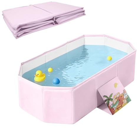 Seahelms Bañera plegable para bebés con diseño todo en uno y tapón de drenaje, bañera para niños pequeños para el hogar, ducha y viajes, bañera portátil para niños (rosa)