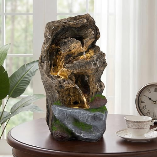 COSTWAY Fuente Jardin Exterior, Fuente de Agua en Cascada de 4 Niveles con Iluminación LED y Bomba, Estilo Rocoso con Musgo Artificial, Decoración Independiente de Mesa o Suelo para Salón, Patio