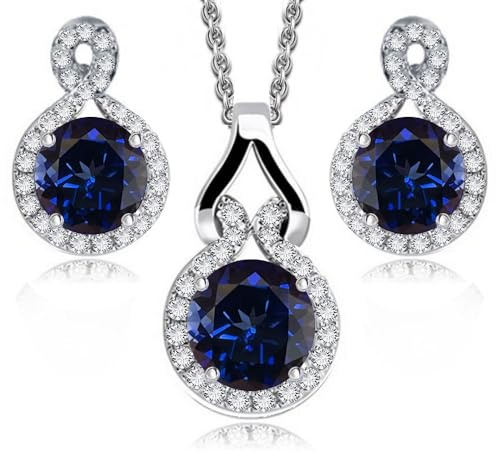 Crystalline Azuria Donna 18ct Placcato Oro Bianco Rotondo Zaffiro simulato Blu Cristalli di Zirconi Parure Collana con Ciondolo 45 cm Orecchini