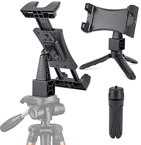 NUOMIC Tablet Halterung Adapter mit Mini Stativ, Tragbare iPad Halterung für Kamera Stativ und Einbein Stativ, Universal Tablet Halter Klemme für iPad Mini Air Pro und iPhone 4,7-12,9 Zoll