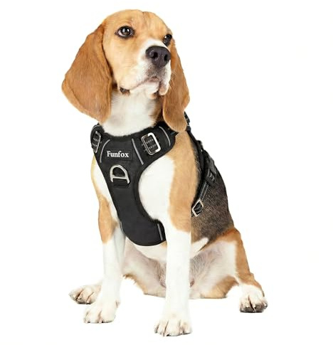 Funfox Dog Harness Medium Sized Dog, Vertical Handle Easy Control, No Pull Pet Vest Adjustable with 2 Leash Clips, Soft Material, Reflective Safe Night Walking for Small Medium Large Breed, Black, M