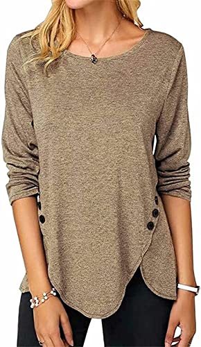 ASKSA Femme T-Shirt à Manches Longues Chemise à Col Rond Tops Lâche Long Tshirts Blouse Tunique avec Boutons