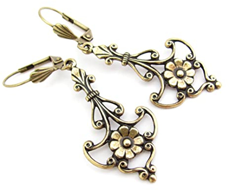 Art Deco Flower Earrings Antiqued Gold-tone Wedding Gift Prom Art Nouveau Style