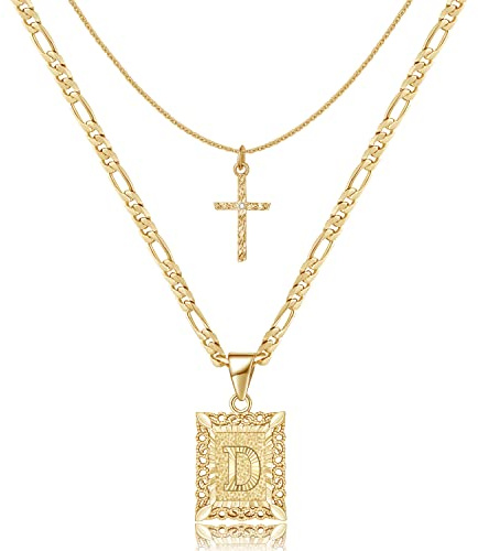 KELORIS PATH Gold Layered Initial Cross Necklace, 14K Gold Plated Layering Square Letter Pendant Figaro Chain Cross Choker from A-Z Capital Jewelry for Women(Letter D)