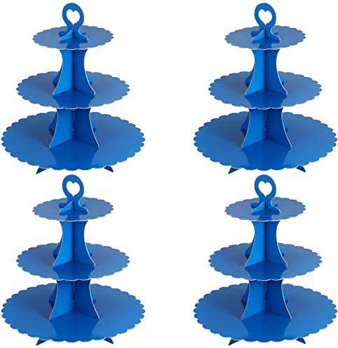 BEEK 73BP 4 Pack Blue, 3-Tier Cardboard, Round Cupcake Holder, Tower Paper Cake Dessert Display Stand for Birthday, Theme Parties, Weddings, Acrylic