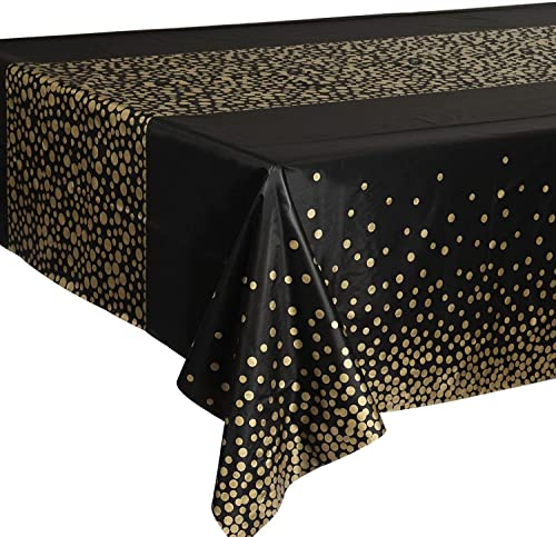 Schwarz und Gold Party Tischdecke Einweg für Rechteck Tisch, Gold Dot Confetti Geburtstag Tischdecke, für Baby Shower, Jungen Geburtstag, Jahrestag, Single Party, Tea Party, Hochzeit 137cm x 274cm