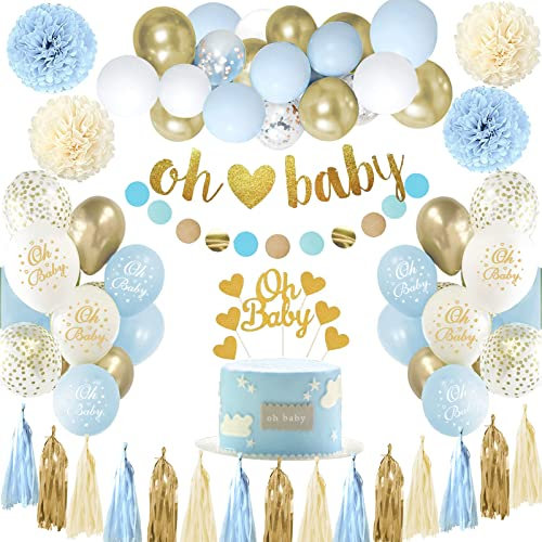 Baby Shower Deko Junge, Blau Weiß Babyparty Deko, Baby Party Deko Neutral mit Oh Baby Banner, Blau Luftballons Girlande für Baby Shower Babyparty Junge Deko