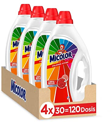 Micolor Gel Colores Vivos (pack de 4, total: 120 lavados), detergente líquido para lavadora con tecnología recupera colores, jabón para ropa de color