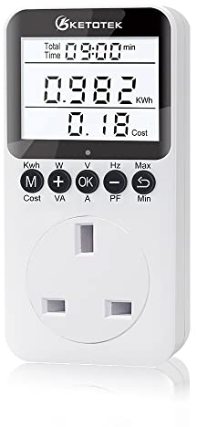 KETOTEK Power Meter Plug Electric Usage Monitor, Energy Monitor with Backlight LCD Display, Voltage Amps Watt KWH Consumption Monitor, 2900W/13A Overload Protection