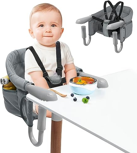 SUBTLETY Tischsitz Faltbar Babystuhl Babysitz mit Transporttasche Rutschfest Klemmen und Sitztasche Tragbarer Baby Hochstuhl für 2-8 cm Dicke Tisch Boostersitz Kinderstuhl Belastbarkeit 15 kg, Grau