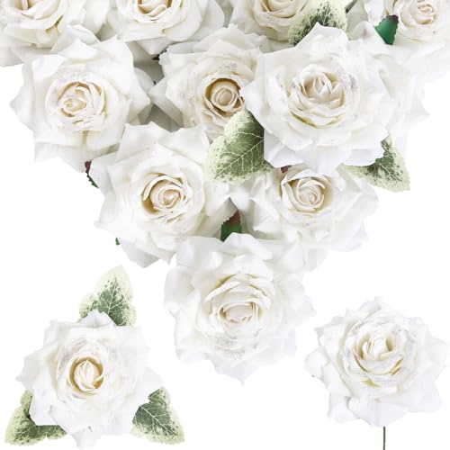 INSUNSIX Rose bianche con glitter, 16 rose artificiali con steli, 10,9 cm, grandi rose finte bianche, in velluto, per bouquet di nozze, casa, feste, giardino, tavolo, centrotavola, decorazioni