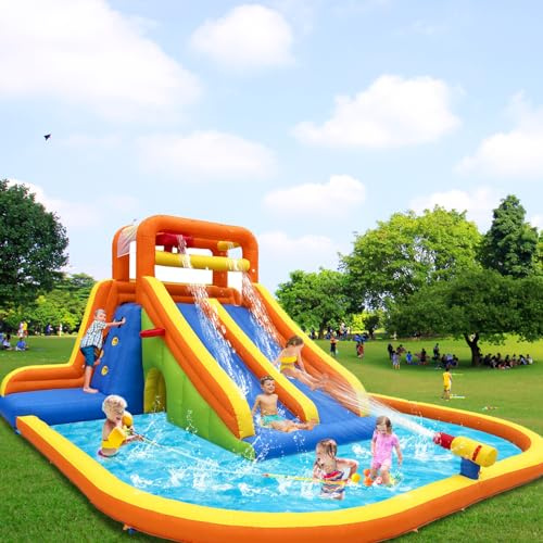 Ballsea Château Gonflable XXL avec Toboggan Sec/Eau, Mur d'escalade et Piscine - sûr et Amusant pour Les Enfants (sans souffleur)