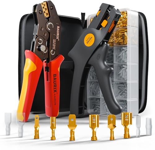 Alicates para engastar BAURIX® incl. juego de 300 punteras planas y pelacables, alicates para punteras planas para conectores de 0,50-2,50 mm², herramienta para engastar