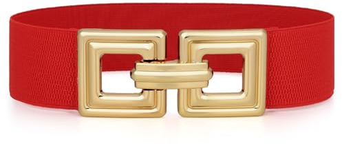 WHIPPY Damen Breiter Elastischer Taillengürtel Stretchy Gürtel für Kleid dehnbarer Hüftgürtel Mode Quadratischer Gold Schnalle,Rot 100cm