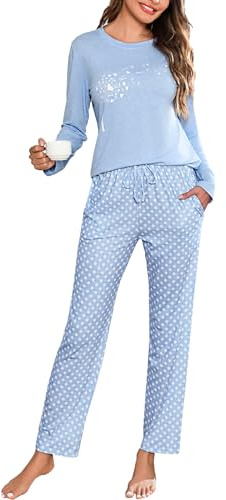 Uniexcosm Pijama de Mujer Manga Larga Algodón Conjunto 2 Piezas Pijamas Mujer Estampado en Cuello Redondo Ropa de Dormir Patrón de Diente de león Top y Pantalones A:Azul Cielo M