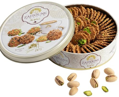 Zaitoune Barazek Cookies - 250 g | Luxurious Crunchy Sesame & Pistachio Biscuits Handcrafted in Turkey | Beautiful Reusable Gift Tin | Perfect for Coffee or Tea | Great Sharing Present