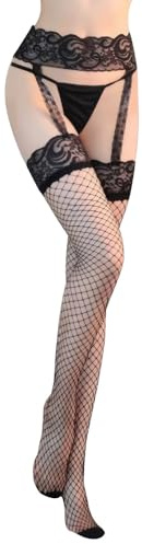 KOEMCY Liguero 2 Piezas Medias de Red y Tanga Set Tirantes Encaje Sexy Elástico Cintura Alta Eróticos Ligueros para Fiesta