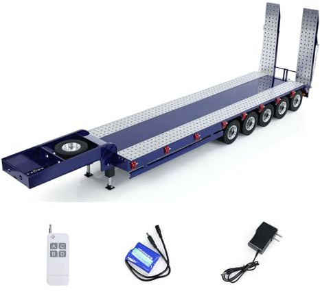 wheelfun 5-Axle Metal Semi Trailer Compatible with 1/14 Tamiya RC Tractor Truck Remote Control Dumper Lights Electric Tail-Board and Legs Hobby Model(Dark Blue)