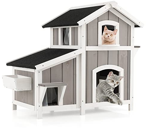 GYMAX Casa per Gatti a 2 Piani, 100 x 64 x 82,5 cm, Casetta Villa Rifugio in Legno con Tetti in Asfalto, Porte di Fuga, Tende e Finestra, per Animali Domestici per Interni ed Esterni, Grigio