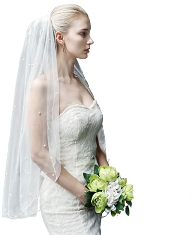 HekouJiub Voile de Mariée Long Mariage Perle Voile de Tulle Simple Couche Blanc Coiffe de Mariée de Perle avec Peigne Costume de Rêve Coiffe de Mariage de Perles de Dames