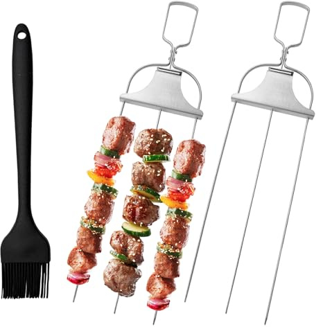 3 Way Grilling Skewers, 3-Prong Kebab Skewers Kit, 2Pcs Stainless Steel Kebab Sticks with Brush, Kabob Forks with Push Bar Slider for Meat, Chicken, Sausages, Veggies