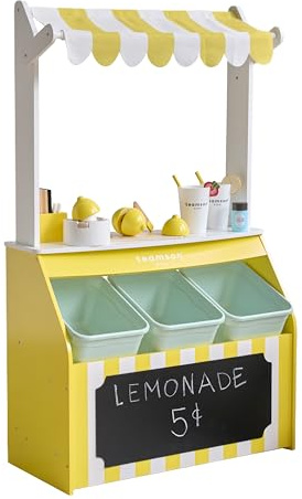 Teamson Kids Puesto de Limonada de Madera Sunny Citrus con 18 Accesorios, exprimidor, Vasos y Juego Educativo de rol para niños