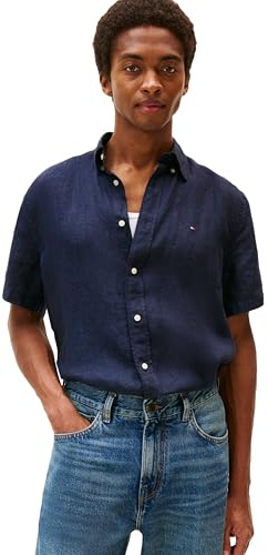 Tommy Hilfiger Camicie Casual da Uomo a Maniche Corte in Lino con Bottoni in vestibilità Regolare a Maniche Corte Casual in Lino con Bottoni in vestibilità Regolare, Desert Sky, XXL