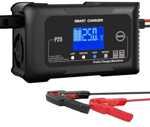 12V/24V 25A Smart bilbatteriladdare och underhållsenhet, 9-stegsladdning med LCD-display, 4 lägen valbara för litium/LiFePo4/blysyra/AGM - kompatibel med olika fordon