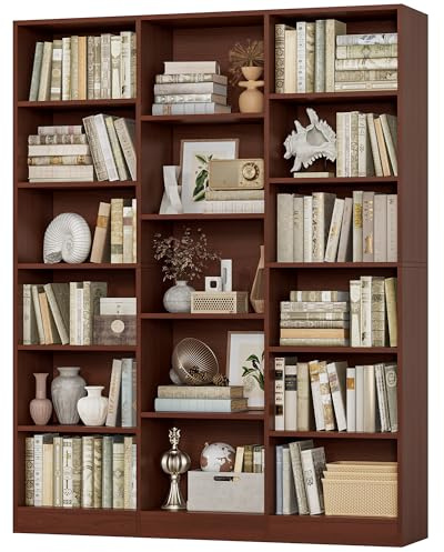 FACBOTALL Triple Wide Bookshelf, 6 Tier Large Bookshelf, Bookcase with 17 Open Display Shelves, 74'' Tall Bookcases and Bookshelves for Living Room, Home Office, Library, Cherry