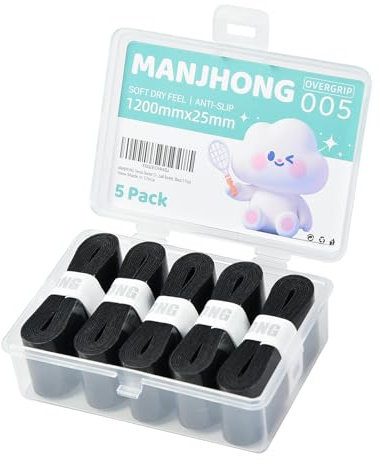 MANJHONG Badminton Racket Grip Tape with Storage Box - Tennis Overgrip - Soft & Non-Slip Handle Tape for Padel, Squash Racquet, Black 5 Pack